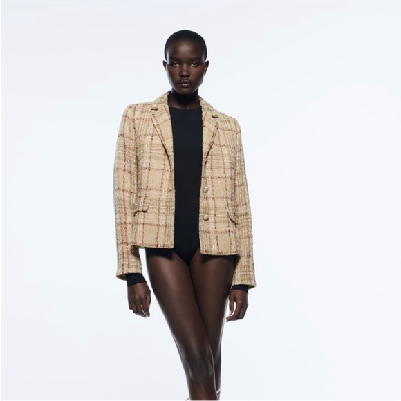 BLOGGERS FAV ZARA Cropped Textured Plaid Blazer size M - Picture 5 of 14
